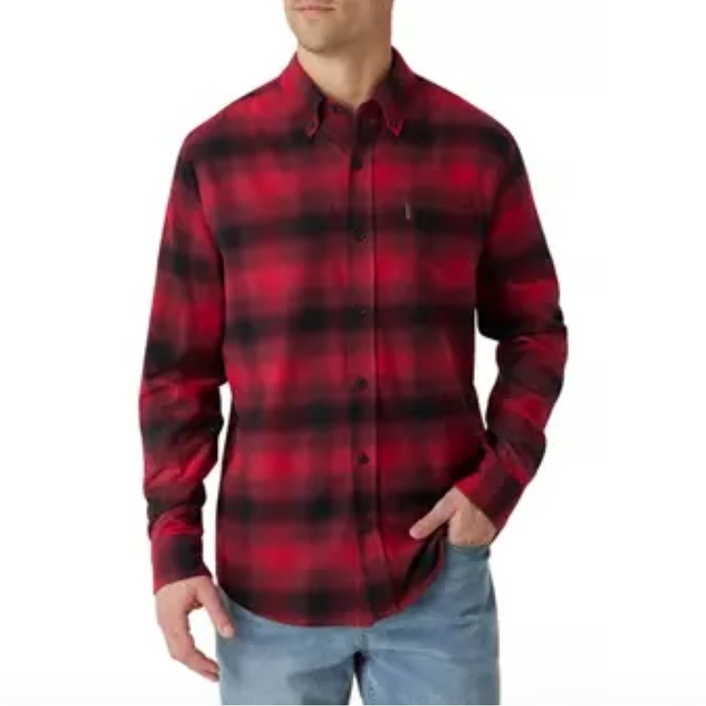 Chaps Flannel Red Black Plaid Large Tall Button Down Shirt cotton stretch - Picture 2 of 14